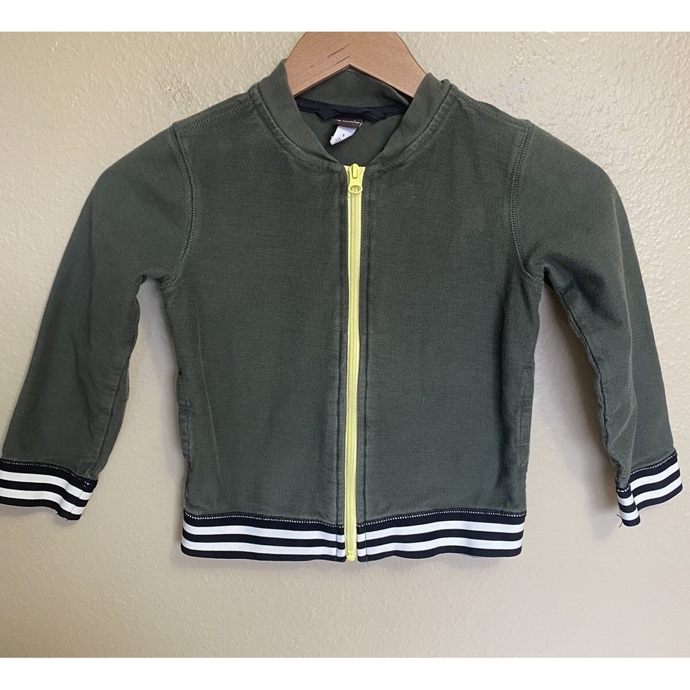 Tea Collection Boys Bomber Zip Jacket Green Yellow Stripe French Terry Size 5
